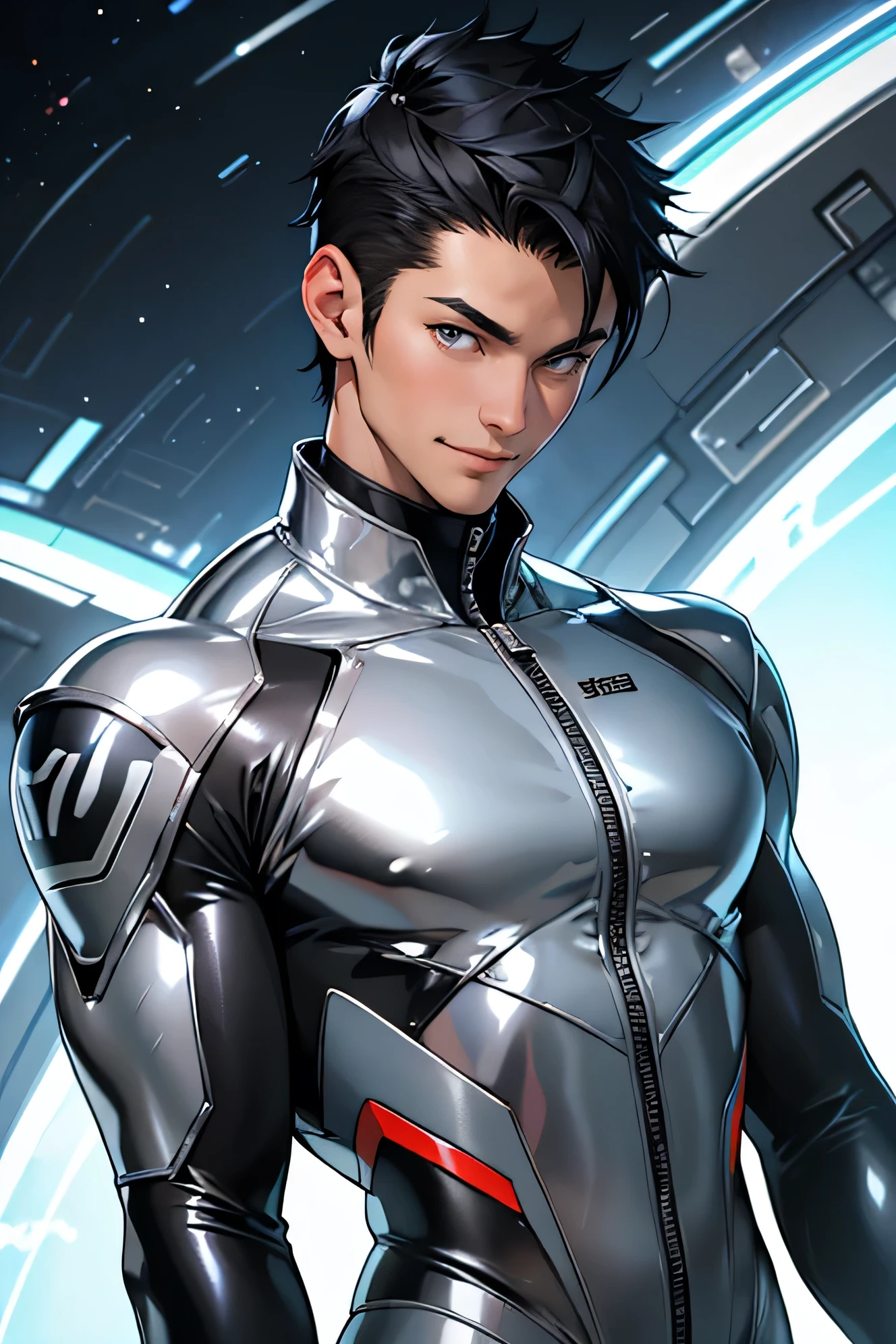 Handsome Japanese male models 18age Baby Face smile Black Hair Short cut Short hair looking at the camera Shiny full-body silver suit Shiny silver latex suit Mega Bulge looking at the camera future world planet Face close-up Planet in the sunset