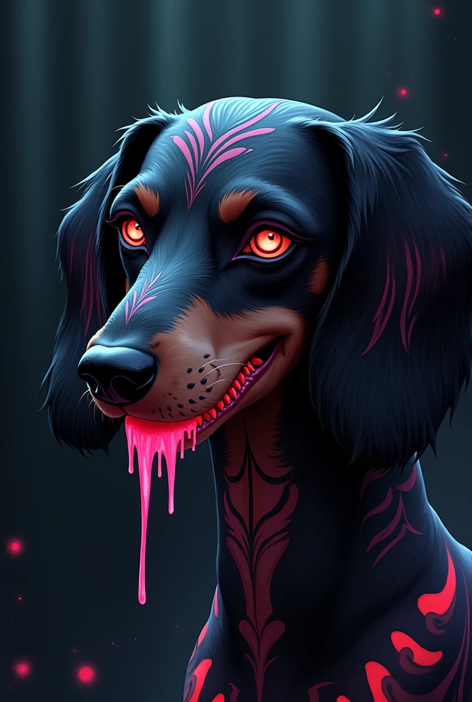 I imagine a black tribal dachshund, just the head, in an anime style with a touch of horror, with pink drool.