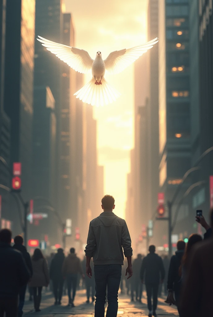 a man walking through the city, in the midst of a crowd and in the sky, a dove with a brightness and a shining light towards man, guiding him