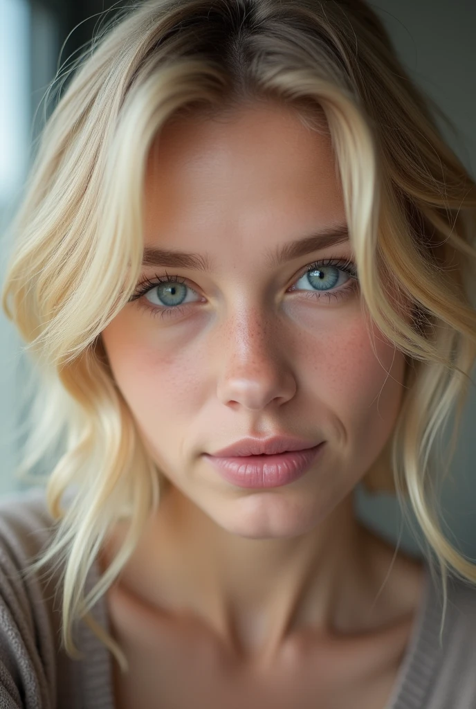 selfie d'une jeune fille de 24 ans aux cheveux blonds clairs courts , visage rond et yeux bleus de jour, habillée de facon modest, très réaliste