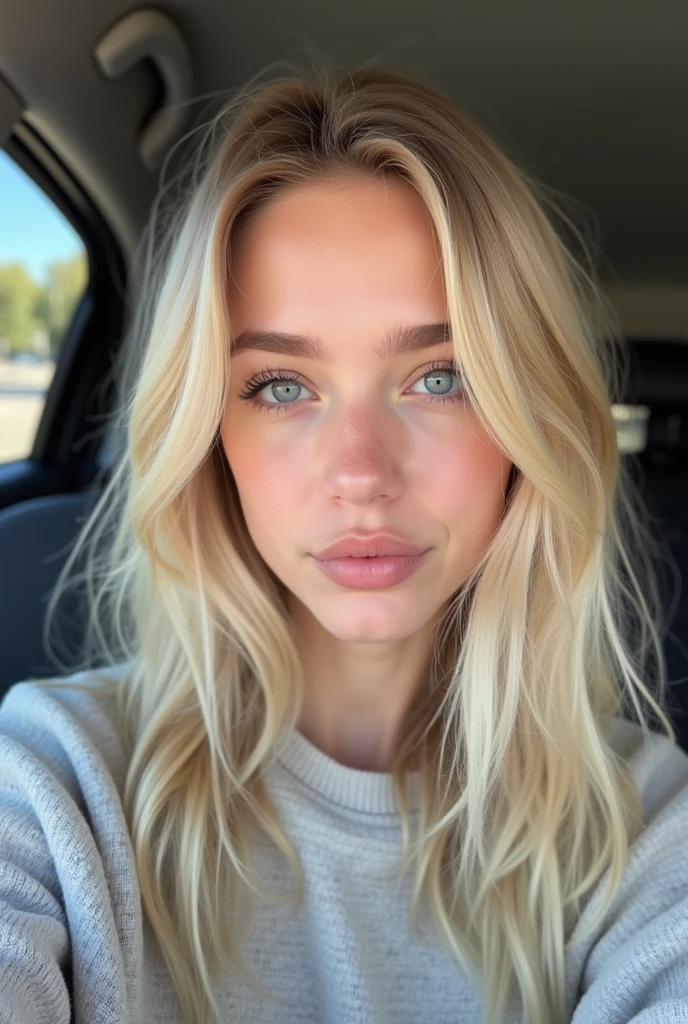 selfie d'une jeune fille de 24 ans aux cheveux blonds clairs courts , visage rond et yeux bleus de jour, habillée de facon modest, très réaliste