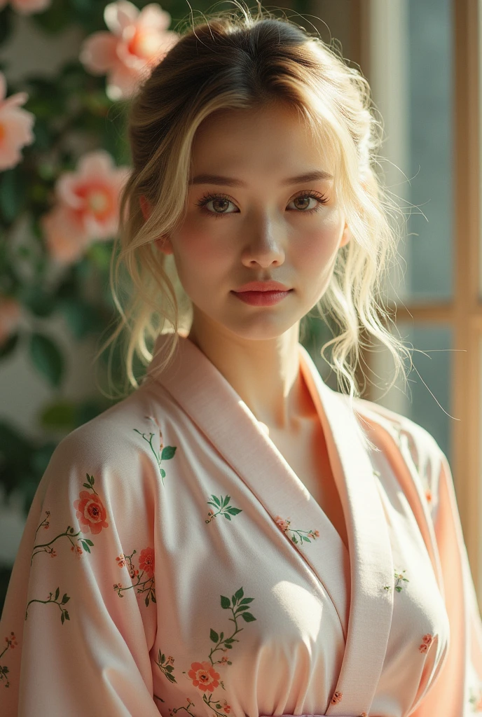 (masutepiece, Best Quality:1.4), Beautiful face, 8K, 85 mm, absurderes, (floral pattern yukata:1.4), The upper part of the body, Exposing breasts、 violaceaess, gardeniass, Delicate girl, Solo, Night, Looking at Viewer, Upper body, Film grain, chromatic abberation, Sharp Focus, blondhair,Professional Lighting, Sophisticated, (Smile:0.4), cleavage, (Simple background, Bokeh background:1.2), Detail Face
