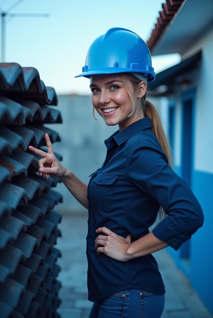 Realistic 8K image of a female engineer pointing at a stack of colonial roof tiles. She is dressed in a dark blue shirt and wears a blue safety helmet.. The scene is dominated by shades of blue, gifts in the engineer's clothing, on the tiles and the surrounding environment, like the sky and shadows. The image highlights the figure of the engineer in a confident and informative pose, creating a professional and technical atmosphere with a harmonious color palette