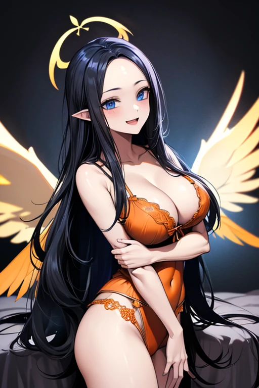(((forehead))), (((orange lingerie))), (((white angel wings))),Very detailed、highest quality、Best image quality、masterpiece、8k、Anime Face、A kind smile、Open Mouth、((black long hair:1.5))、((big breast)), sexy、 beautiful body 、Cowboy Shot, Sexual Intercourse, ((blue eyes)), hotel bedroom, busty, buxom, curvy, voluptuous