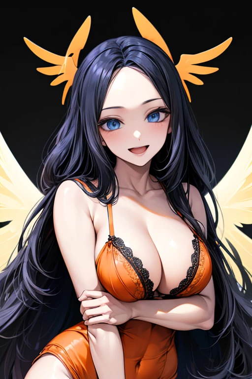 (((forehead))), (((orange lingerie))), (((white angel wings))),Very detailed、highest quality、Best image quality、masterpiece、8k、Anime Face、A kind smile、Open Mouth、((black long hair:1.5))、((big breast)), sexy、 beautiful body 、Cowboy Shot, Sexual Intercourse, ((blue eyes)), hotel bedroom, busty, buxom, curvy, voluptuous
