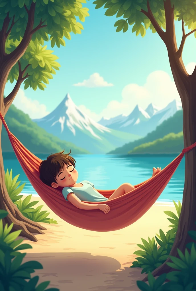 Create an image of a person sleeping peacefully in a hammock, with a serene and beautiful landscape in the background. Show the individual relaxed and comfortable, gently swaying in the hammock. The background should feature a picturesque scene, such as a tranquil beach, a lush forest, or a scenic mountain view. Use soft, calming colors and gentle lighting to convey a sense of tranquility and relaxation, highlighting the peaceful harmony between the person and the natural environment.






