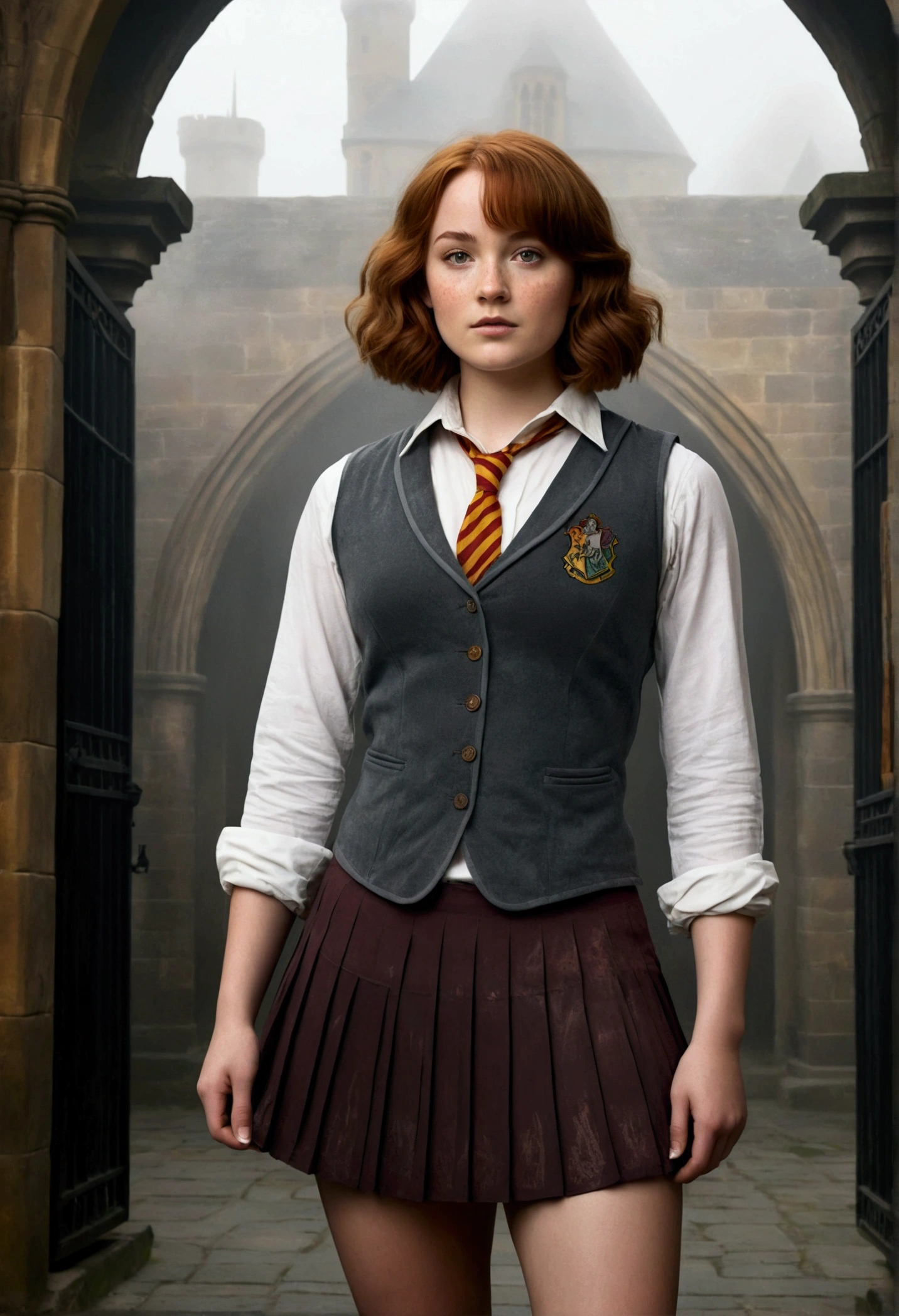 An illustrated movie poster, hand-drawn, full color, a female Hogwarts student, 1, wearing a charcoal vest and a pleated skirt, toned, amazonian stature, athletic hourglass figure, full wide hips, massive round butt, long shapely legs, ridiculously thick powerful thighs, hazel eyes, deep dark auburn hair, short curly bob cut, flushed sun-kissed complexion, freckles, resembles Genevieve O'Reilly, standing in a foggy Hogwarts courtyard, surrounded by mist, graphite shading, stencil marks, airbrushed acrylic paint, masterpiece, in the Deathly Hallows