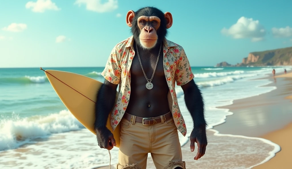 create a realistic image of a chimpanzee wearing khaki shorts and an open floral button-down shirt, silver cord on neck, holding a surfboard on a beach with waves