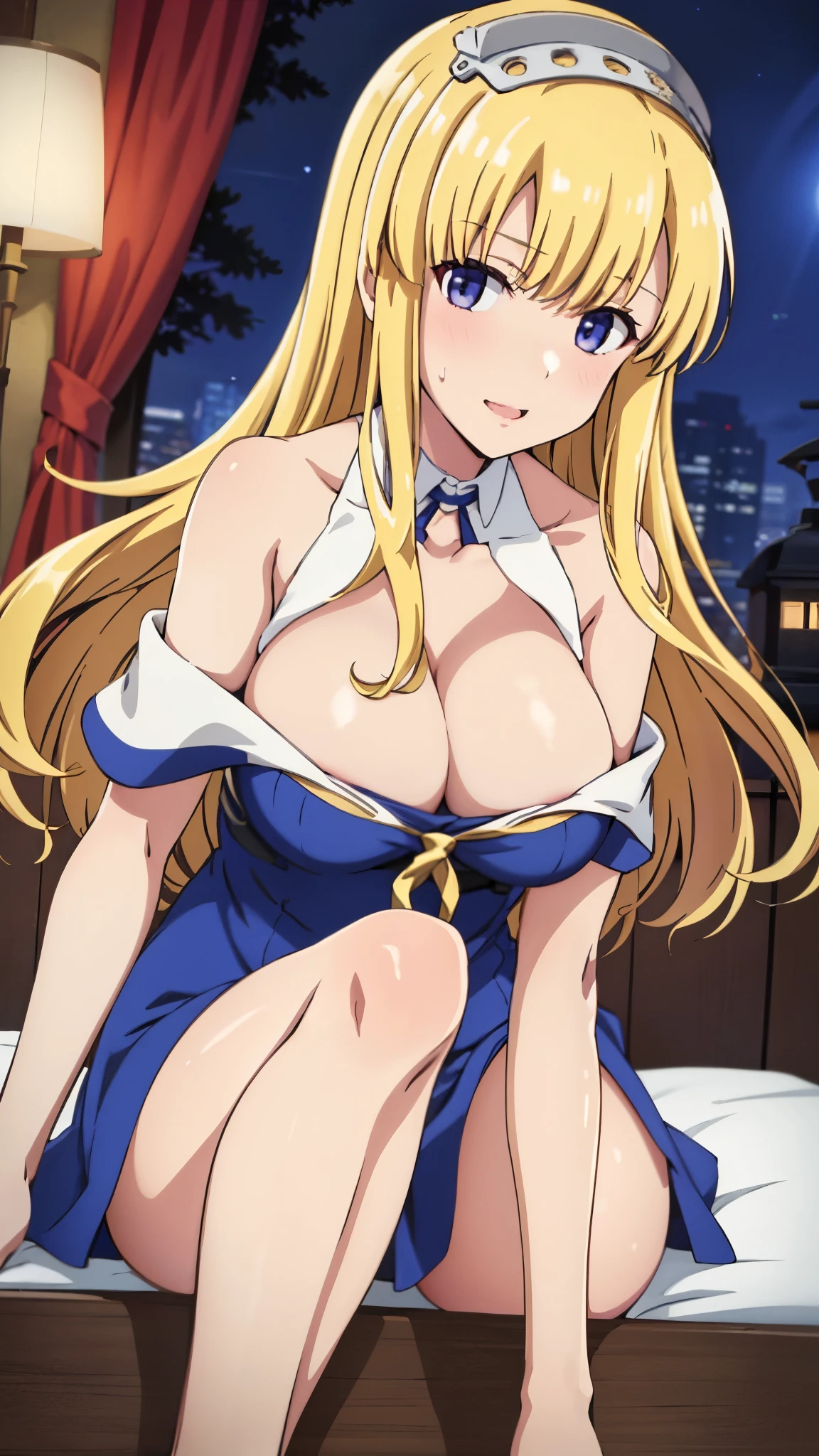 Highest quality High resolution Fleet Collection_Fletcher One Girl Blonde Off the shoulder Night Dress (Big Breasts) (Cleavage) Mischievous look Top-down composition