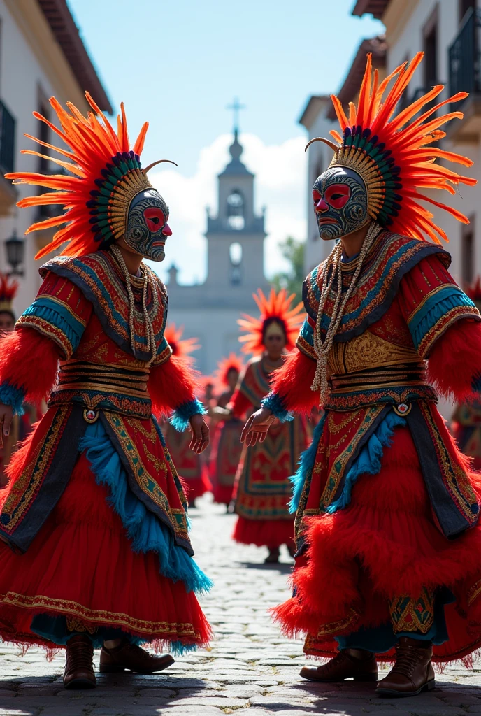 "Imagine the Oruro Carnival in Bolivia, one of the most important festivities in the country. The scene shows a street full of dancers dressed in colorful and elaborate costumes, adorned with masks and feathers. In the center, the Diablos and the Chinas Supay perform the famous Diablada dance, while the sound of traditional music bands fills the air, in the background, you can see a colonial church that stands out in contrast to the vibrant colors of the festivity. It captures the energy, mysticism, and the. cultural richness of this celebration, which mixes indigenous traditions with elements of Spanish culture."