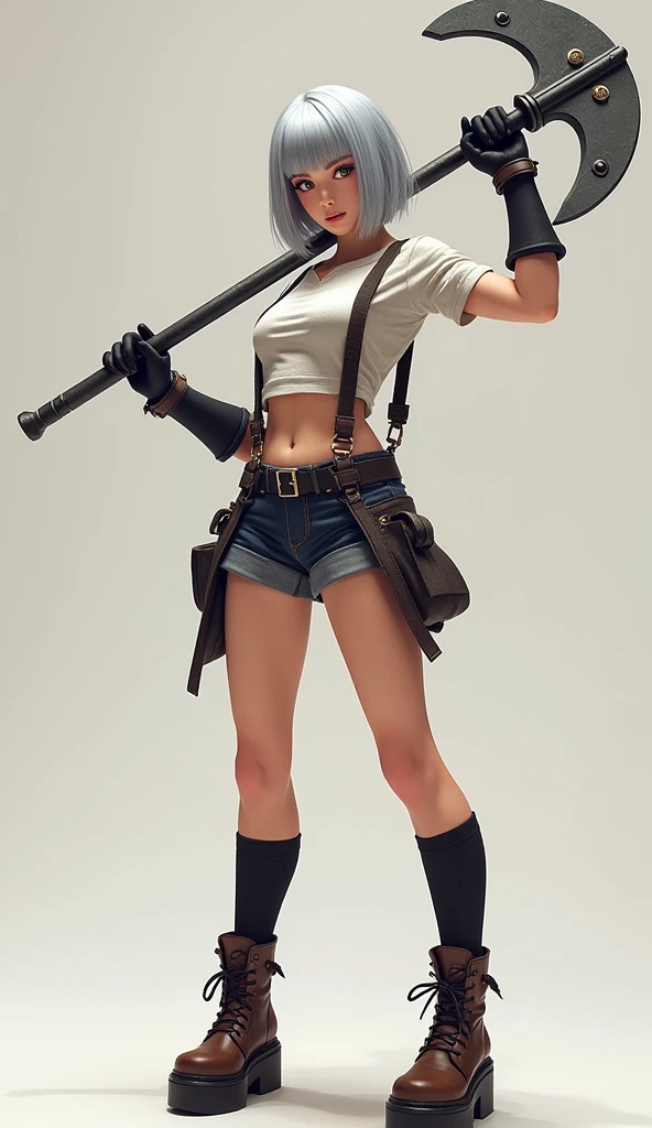 Super realistic, High Detail Face, Clean and delicate face, wide shot, 1 lady, whole body, Swing a long Halberd with both hands, grip the Halberd anatomically correctly, Silver bob hair, blunt bangs, wearing a croptop and Baggy shorts with suspenders, Thighs, Thigh Highs, brown Platform boots, glaring at the viewer, simple color background