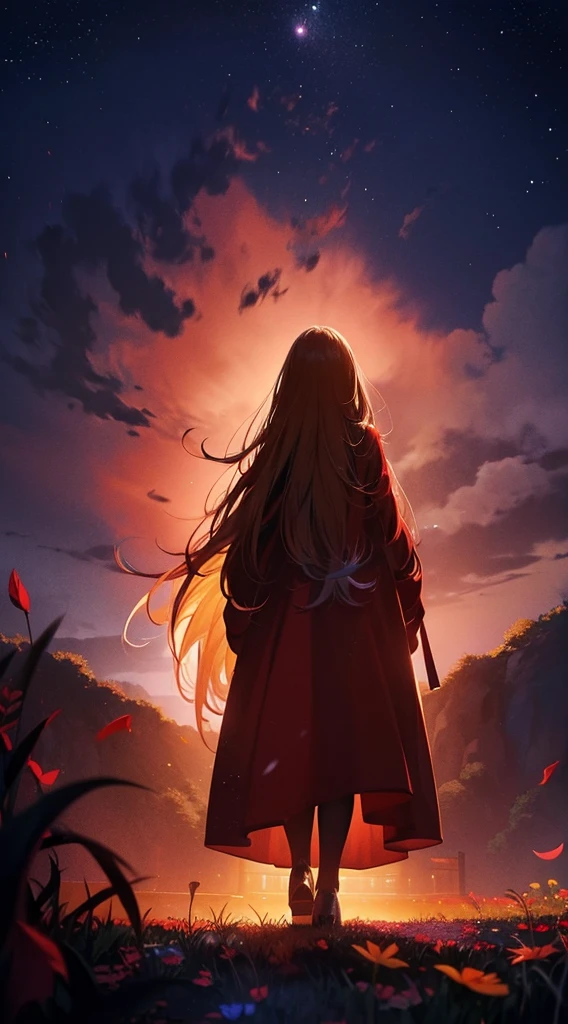1people々々々々,Blonde long-haired woman,A long red coat, Dress Silhouette, Rear View,Space Sky, Flower Field,Colorful flowers