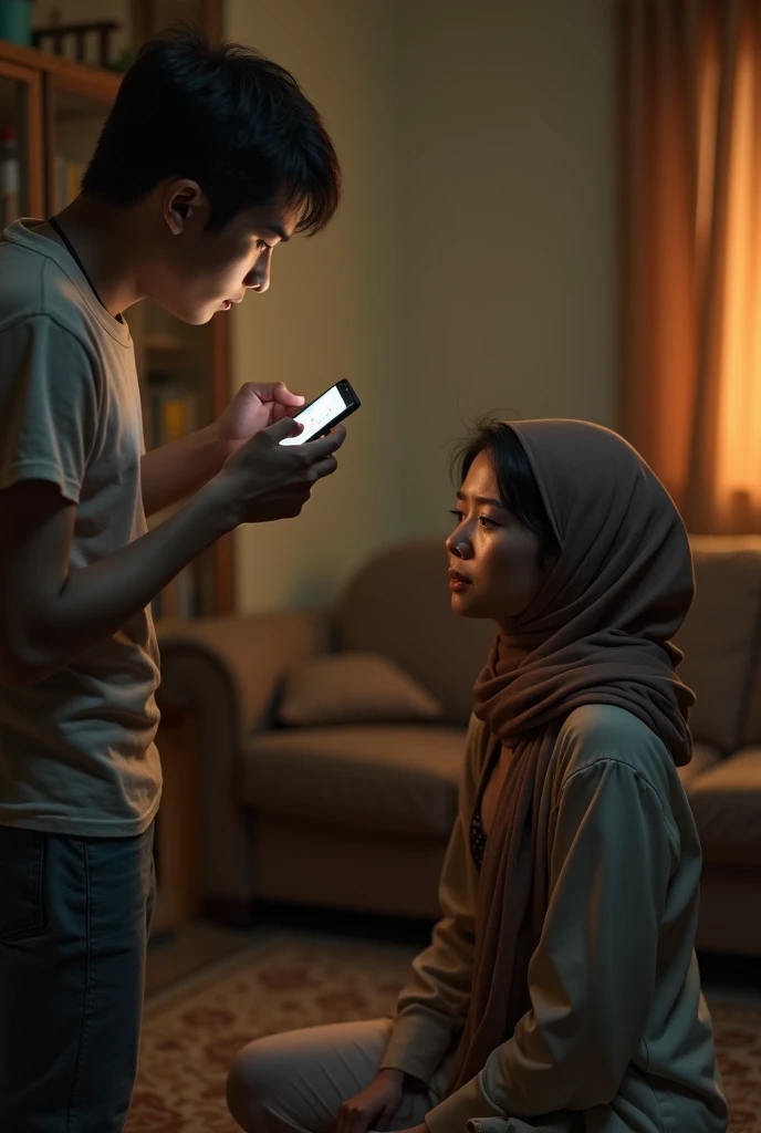 dramatic scene where a son found out that his mother has a naked picture in her phone, son blackmailing mother to undress, mother embarrassed, the mother is a beautiful indonesian woman, with features similar to Nora danish (40 yo beautiful celebrity, woman with slim body and medium saging breast mid short hair), 15 yo age nerd boy, the mother kneeling in front of his son, begging his to her son to forgive her. mother is wear hijab, brown bra and brown panties and has an ashamed expression on her face. The son naked and show his cellphone to his mother, the mother pleads with tears in his eyes,the scene is captured in the living room at afternoon, intense emotions, cinematic, dramatic angles, gritty realistic style, chiaroscuro lighting, intense facial expressions, vulnerable poses, sensitive content, powerful storytelling