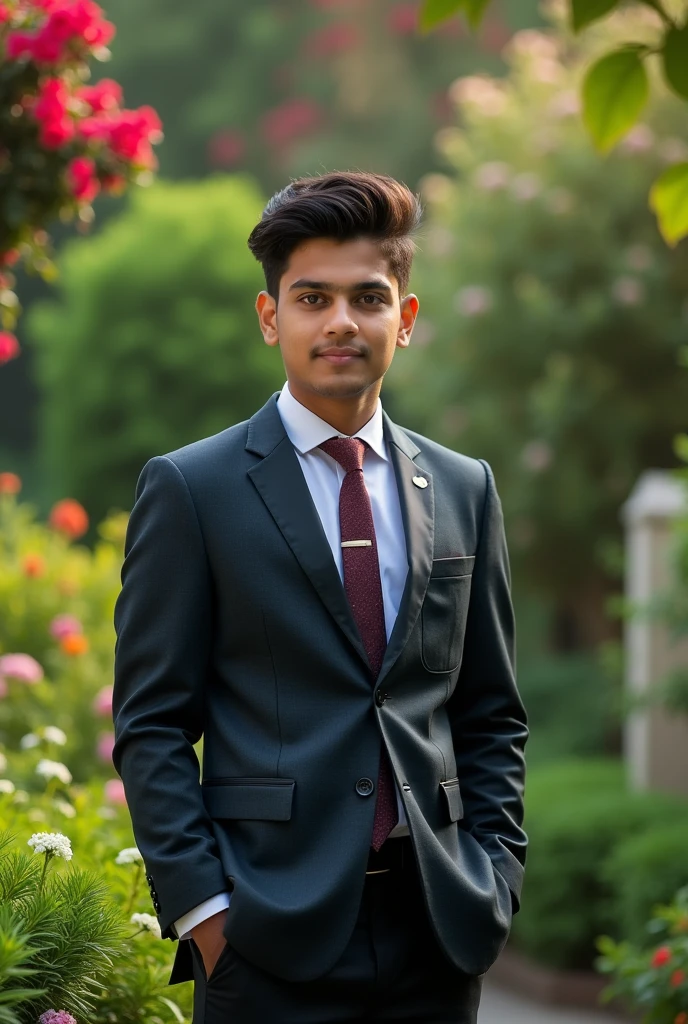 17 year old Indian boy handsome wearing formals posing for Nadeem beautiful gardensin background