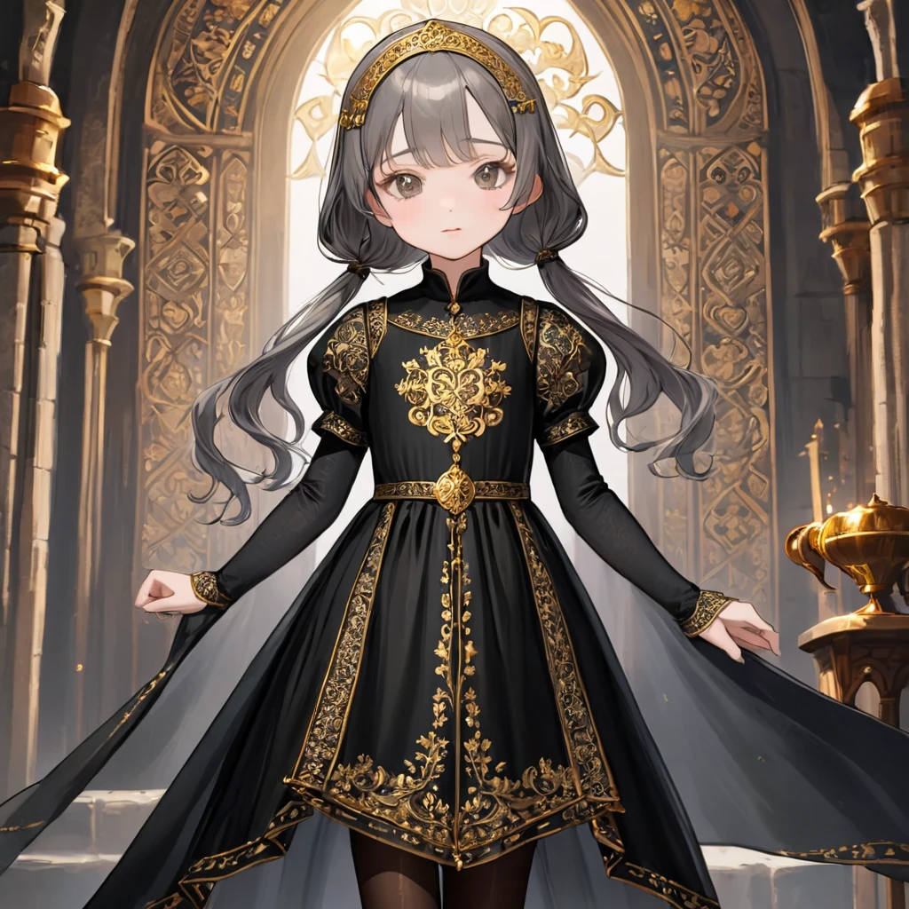 8 year old medieval girl, Gold embroidery、Black translucent long one-piece dress, gray translucent tights, realistic fabric, highest quality