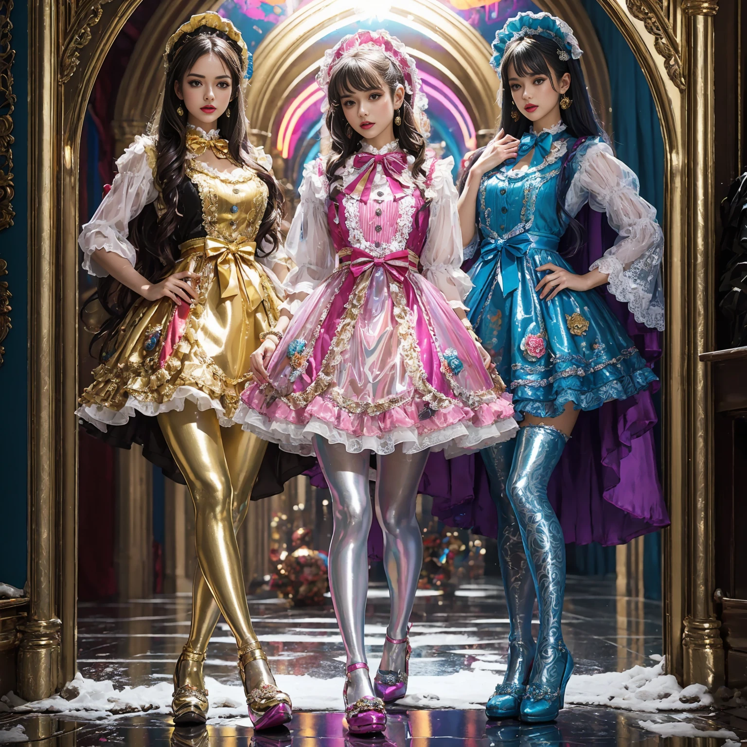Movie poster composition, Ambilight, Nine-head body, Group photo, ((multicolored))，Three or more girls，Model figure, long-legged woman, A woman in a luxurious and elaborate lolita dress, wearing lolita mary jane shoes with ornate details, patterned tights, (Glossy Reflecting collection), (Glossy Reflecting collection), (Oily shiny)), (Metallic clothes), (Metallic dress), (Metallic tights):1.2)，standing on a snowy mountain, with reflective skin and reflective clothing, venusbody,Large movement amplitude, (full body shot), ray tracing, reflection light, chiaroscuro, UHD, masterpiece, anatomically correct, textured skin, super detail, high quality, 4K, highres