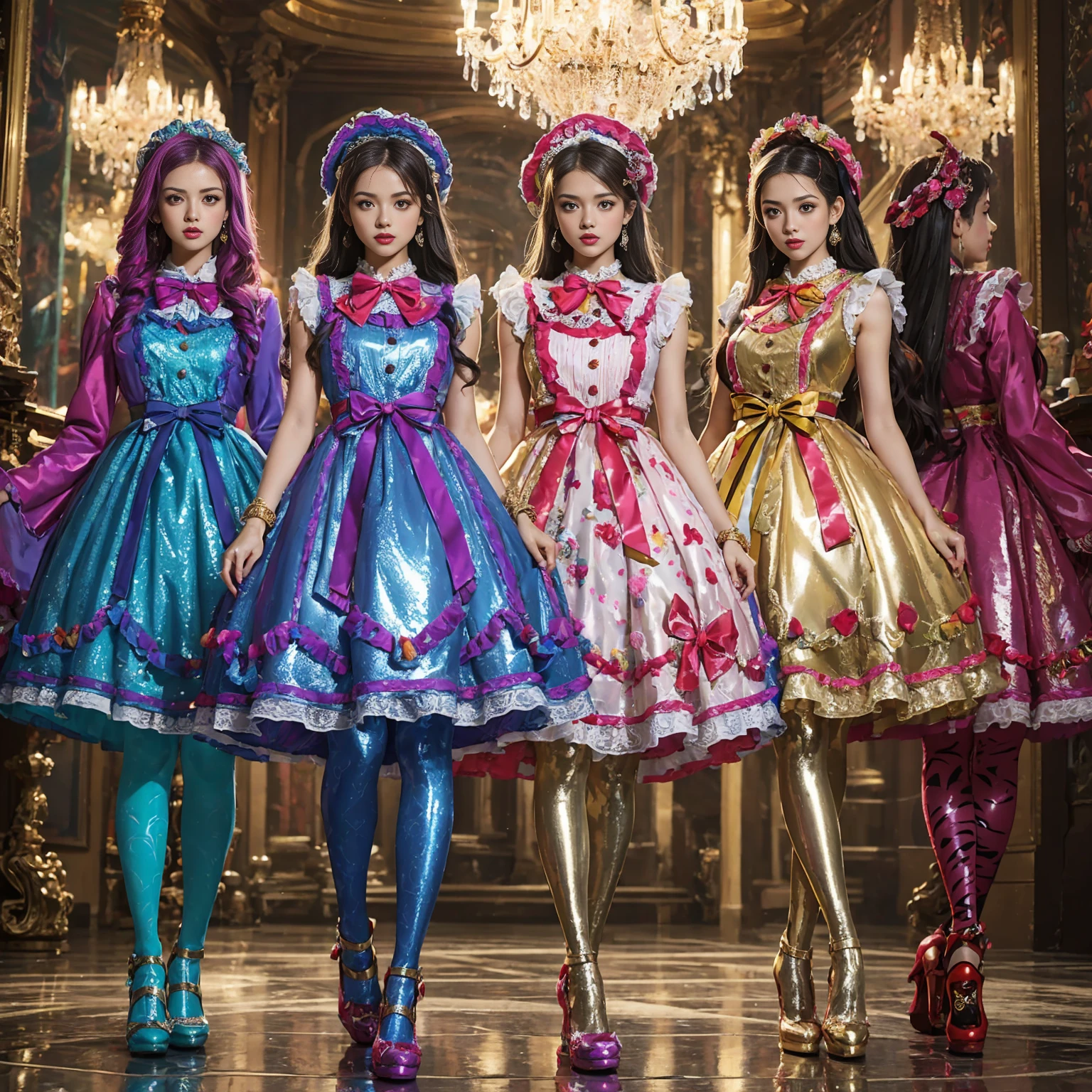 Movie poster composition, Ambilight, Nine-head body, Group photo, ((multicolored)),Three or more girls,Model figure, long-legged woman, A woman in a luxurious and elaborate lolita dress, wearing lolita mary jane shoes with ornate details, patterned tights, (Glossy Reflecting collection), (Glossy Reflecting collection), (Oily shiny)), (Metallic clothes), (Metallic dress), (Metallic tights):1.2),standing on a snowy mountain, with reflective skin and reflective clothing, venusbody,Large movement amplitude, (full body shot), ray tracing, reflection light, chiaroscuro, UHD, masterpiece, anatomically correct, textured skin, super detail, high quality, 4K, highres