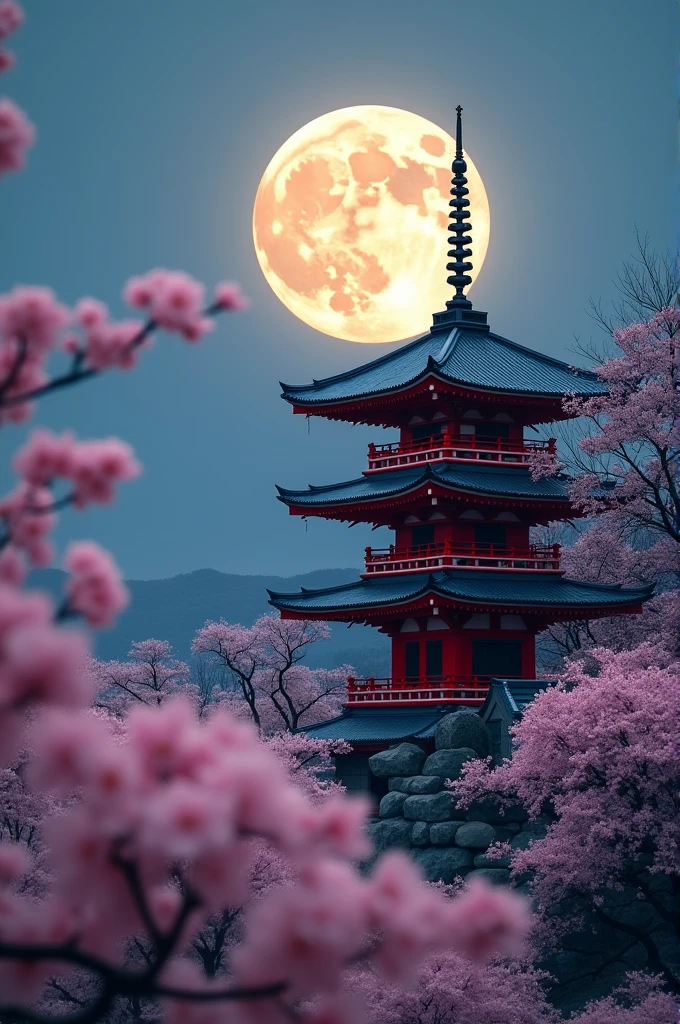 Small Japanese Temple (pointing to the left) with a full moon behind it and cherry blossom trees in the foreground of the picture on which the focus is.