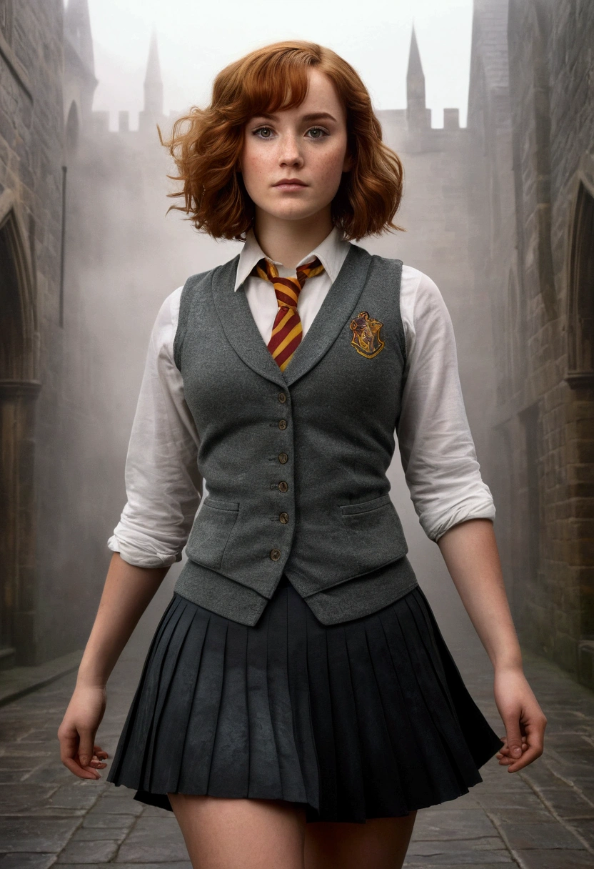 An illustrated movie poster, hand-drawn, full color, a female Hogwarts student, 1, wearing a charcoal vest and a pleated skirt, toned, amazonian stature, athletic hourglass figure, full wide hips, massive round butt, long shapely legs, ridiculously thick powerful thighs, hazel eyes, deep dark auburn hair, short curly bob cut, flushed sun-kissed complexion, freckles, resembles Genevieve O'Reilly, standing in a foggy Hogwarts courtyard, surrounded by mist, graphite shading, stencil marks, airbrushed acrylic paint, masterpiece, in the Deathly Hallows 