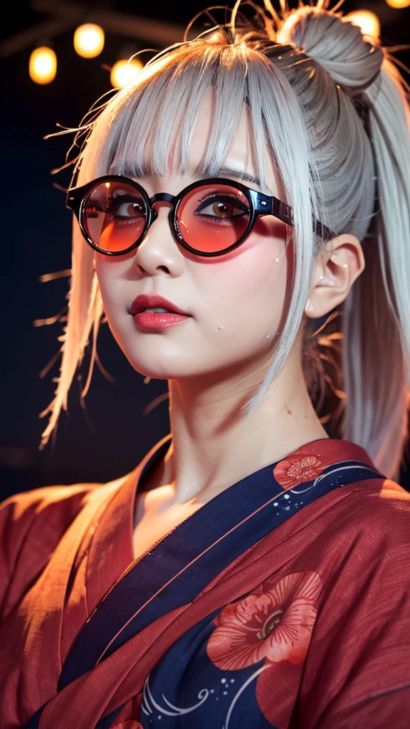 (yukata), (Highest quality), (Ultra-high resolution), (Realistic), Japanese, 1girl, (cute), (night sky), big fireworks, white hair, lipstick, eyeshadow, eyeliner, choker, ((red rim glasses), (Sweaty)