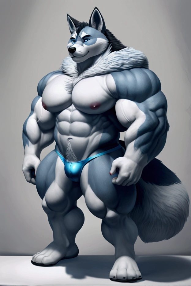 Little macho stuffed hosky with very big muscles , very huge and very gigantic gray fur with white and beautiful blue eyes and is wearing a dark blue thong full body and is a toy and has life.