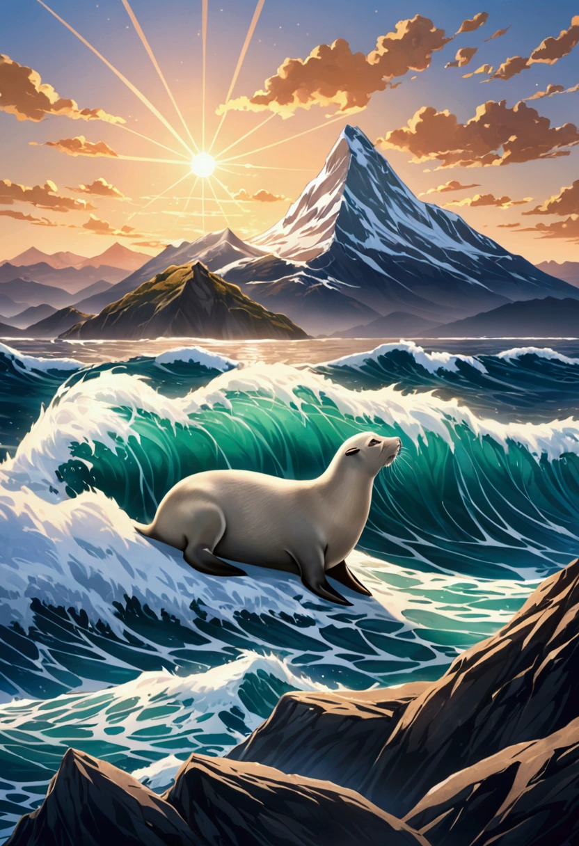 A logo of a seal and a goat together. You need a mountain and a wave in the background. You need number 22. The seal and the goat must be in love.