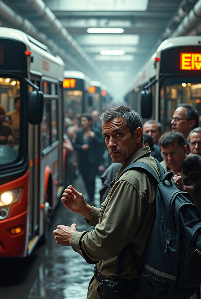 Create a queue of stopped buses with a system error and an IT technician trying to fix it and several people around demanding payment