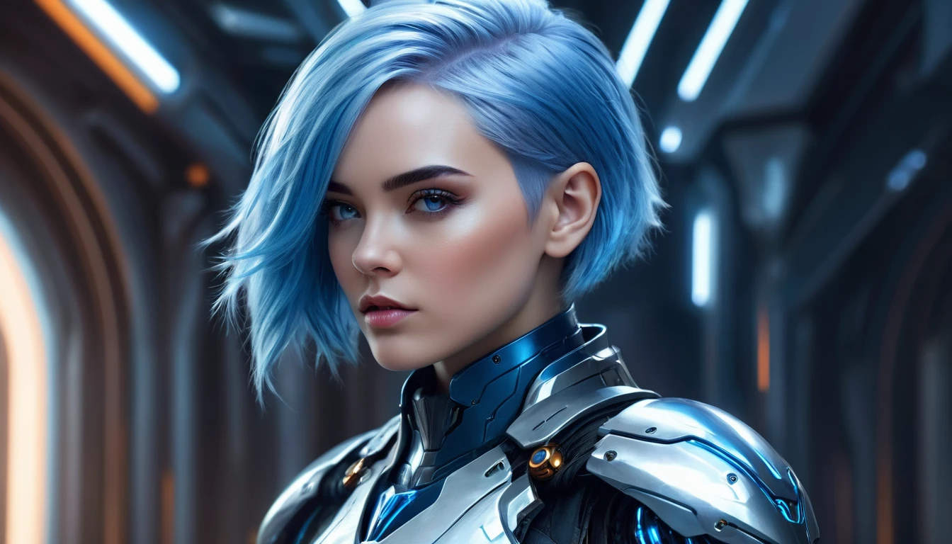 a close up of a woman with blue hair and a futuristic suit, cyborg - girl with silver hair, stunning character art, epic exquisite character art, portrait knight female, cgsociety portrait, deviantart artstation cgscosiety, alexandra fomina artstation, character art closeup, character art portrait, wojtek fus, epic portrait illustration, epic fantasy digital art style 