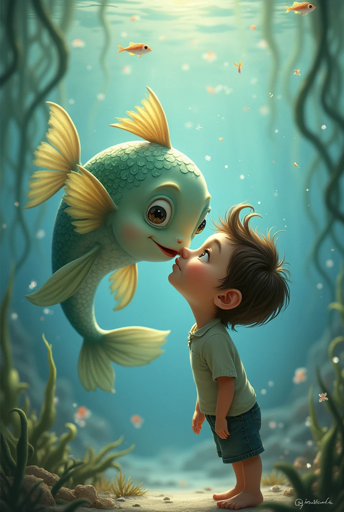 A boy and a fish kissing. 