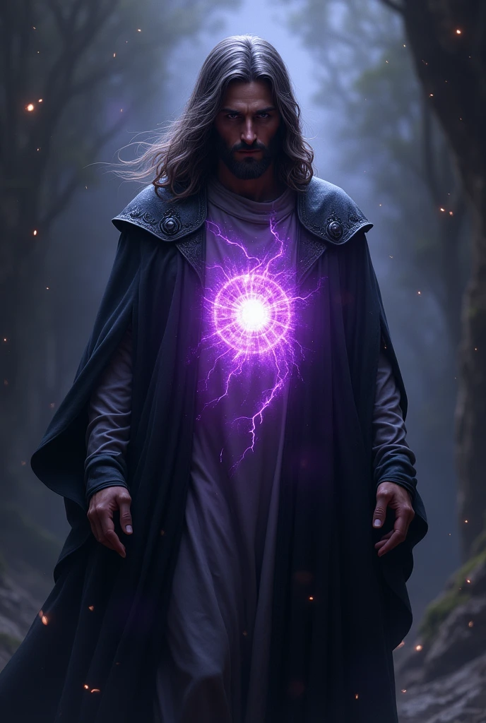 jesus in black ritual clothing, energy field in the outline of the shining silver body illuminating, violet body aura, red and silver blue chest aura, fire aspect in silver eyes, darkness background, Morning Star