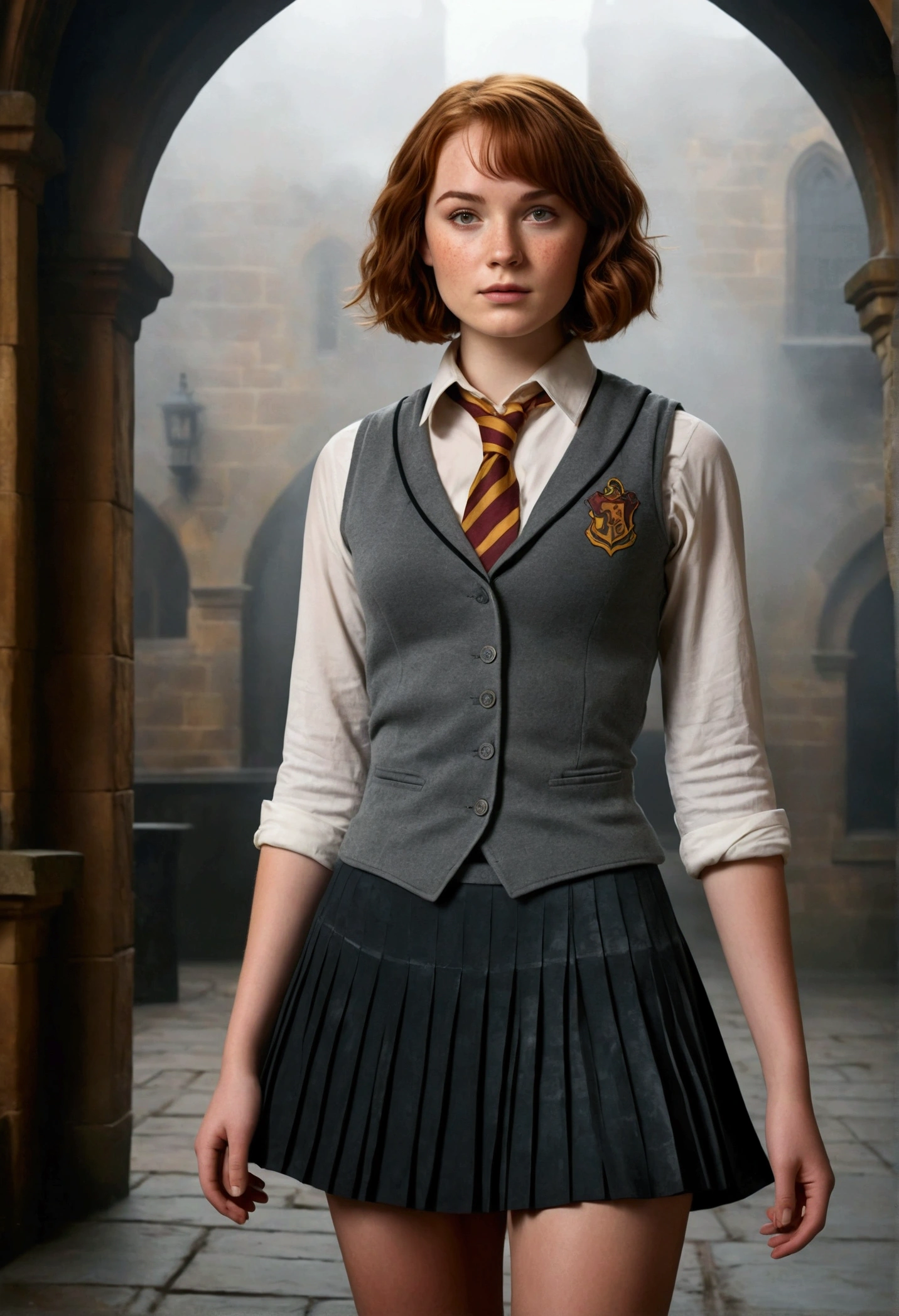 An illustrated movie poster, hand-drawn, full color, a female Hogwarts student, 1, wearing a charcoal vest and a pleated skirt, toned, amazonian stature, athletic hourglass figure, full wide hips, massive round butt, long shapely legs, ridiculously thick powerful thighs, hazel eyes, deep dark auburn hair, short curly bob cut, flushed sun-kissed complexion, freckles, resembles Genevieve O'Reilly, standing in a foggy Hogwarts courtyard, surrounded by mist, graphite shading, stencil marks, airbrushed acrylic paint, masterpiece, in the Deathly Hallows 
