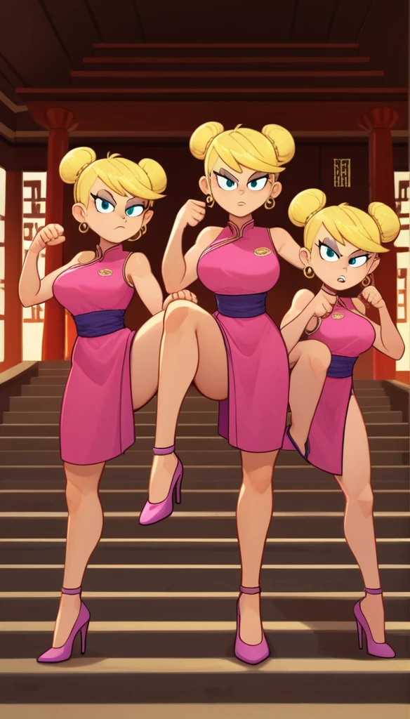 lola loud, 3girls, trio, 24yo girl, large breasts, pink cheongsam, inside of a chinese temple, looking at viewer, blonde hair, two hair buns , hands score_9, score_8_up, score_7_up, high heels, teep fighting stance,martial arts, stairs behind her, guarding the stairs, they wear the same outfit, they are twins