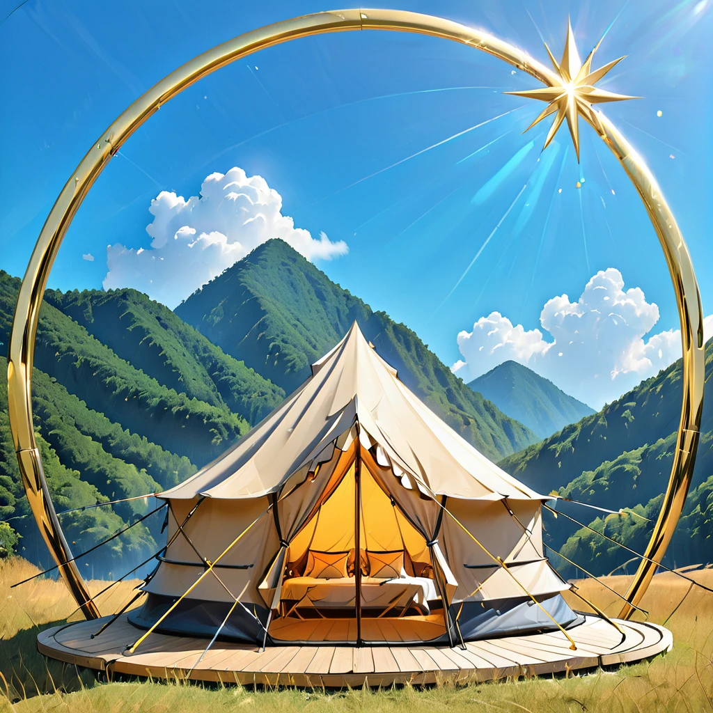 Glamping、symbol、Three-dimensional、Shine、Shine、gold、The background is blue sky