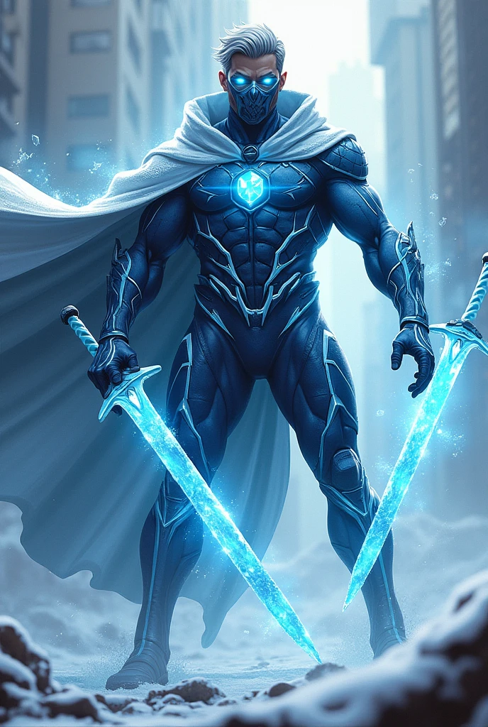 Alex Frost, also known as CryoBlade, is a 20 year old young man with Cryokinesis abilities. He has silver hair, crystal blue eyes, and an athletic build. His hero costume is ice blue with silver details., mimicking the appearance of cracked ice. He wears a partial mask and carries a sword made of ice that he can create and dissolve at will.. CryoBlade can manipulate ice to create weapons, shields and freeze areas around it, making him an agile and dangerous fighter. Make the full body image