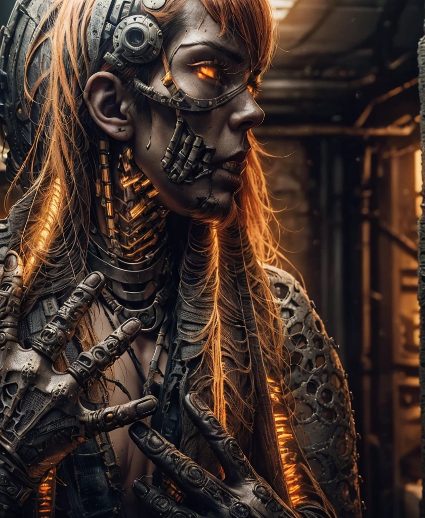 A highly detailed and realistic skull girl,( Anya. Taylor Joy) cyberpunk character, mad max furiosa, one hand robot, cyborg arm, orange hair, dramatic metal heavy rock theme, best quality, 8k, hyperrealistic, photorealistic, extreme detailed painting, studio lighting, vivid colors, dark moody atmosphere, cinematic, dramatic pose, intricate mechanical details, glowing energy effects, intense gritty textures, seamless integration of organic and inorganic elements. Wearing the used clothes of a wastelander. Background: An apocalyptic wasteland. Dusty and depressing.