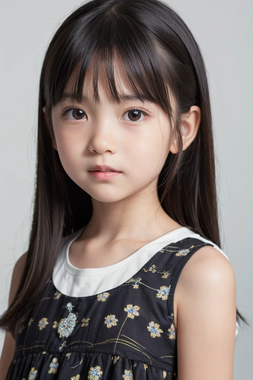 (best quality, masterpiece:1.4), ultra high res, 8k, ultra-detailed, (photo-realistic:1.2), RAW photo, perfect anatomy, detailed face, detailed eyes, detailed skin, 1girl, cute, Japanese, (little kid girl:1.3), bangs, standing, arms up behind, sleeveless dress, black hair, soft light, cinematic lighting, cinematic shadows, (looking at viewer:1.2), white wall background