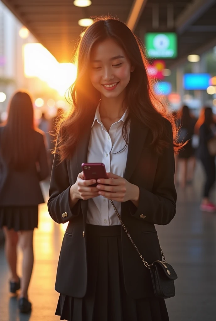 A beautiful Thai university student, with a mischievous twinkle in her eyes, checks her phone while waiting for the BTS Skytrain. The setting sun casts a warm glow on her flawless yellow white skin as she stands confidently in her perfectly fitted uniform. The bustling crowds and colorful advertisements of Siam station provide a dynamic backdrop to this snapshot of student life in Bangkok.