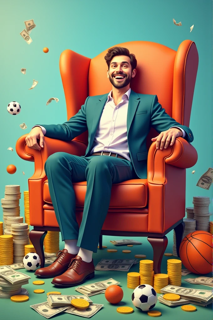 Drawing of a happy man sitting in an armchair that is on a giant mobile phone surrounded by coins, banknotes and soccer balls, basketball and tennis.