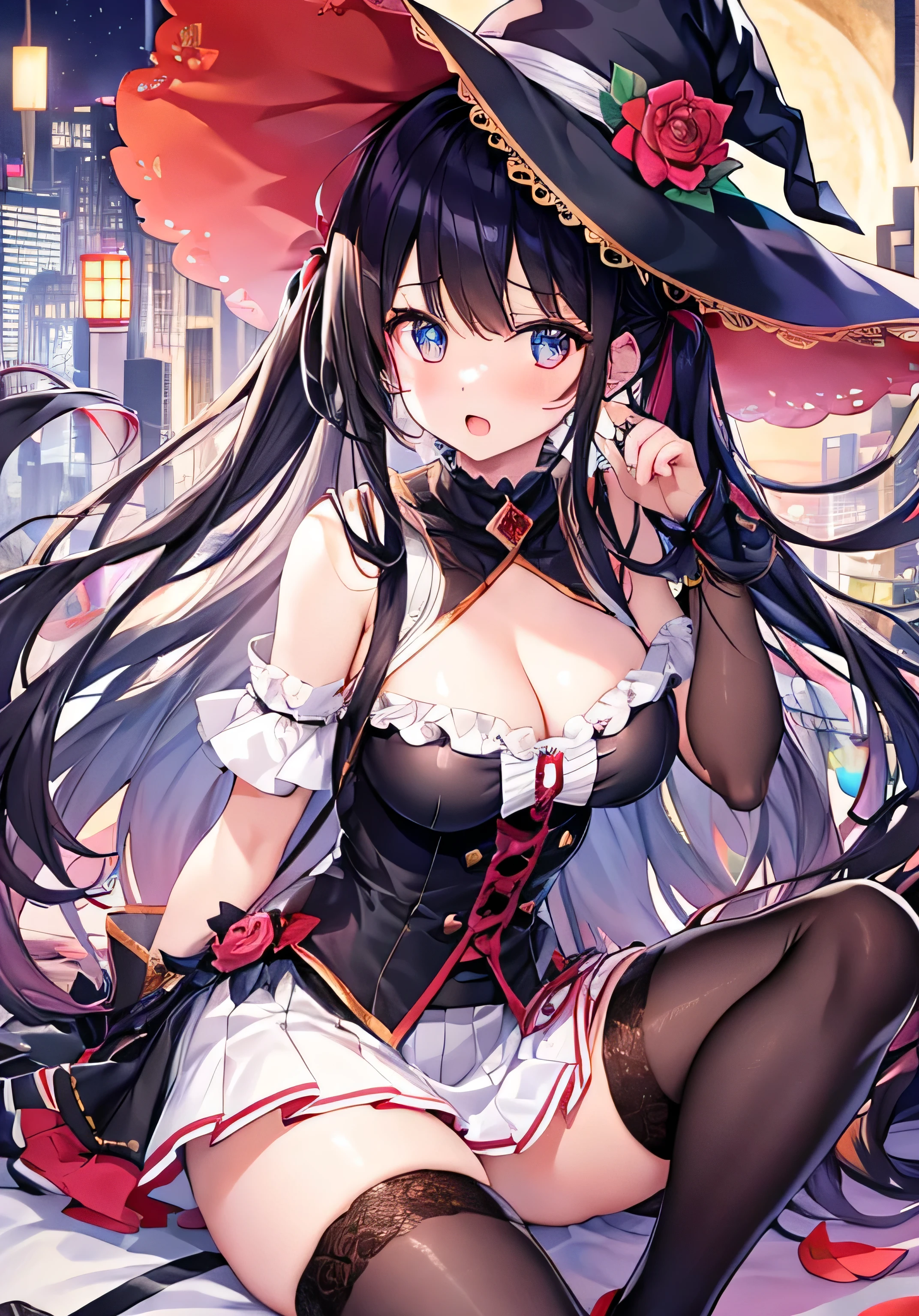 masterpiece、Highest quality、Ultra-high resolution、nsfw、teenage girl with big breasts、twin tail hairstyle、black hair、Red face、shyly、open your mouth just a little、Witch costume with visible cleavage for teenage girls、mini-skirt for teenage girls、thigh-high socks for teenage girls、witch's hat for teenage girls、On the roof of a building at night、skyscrapers at night、at night time