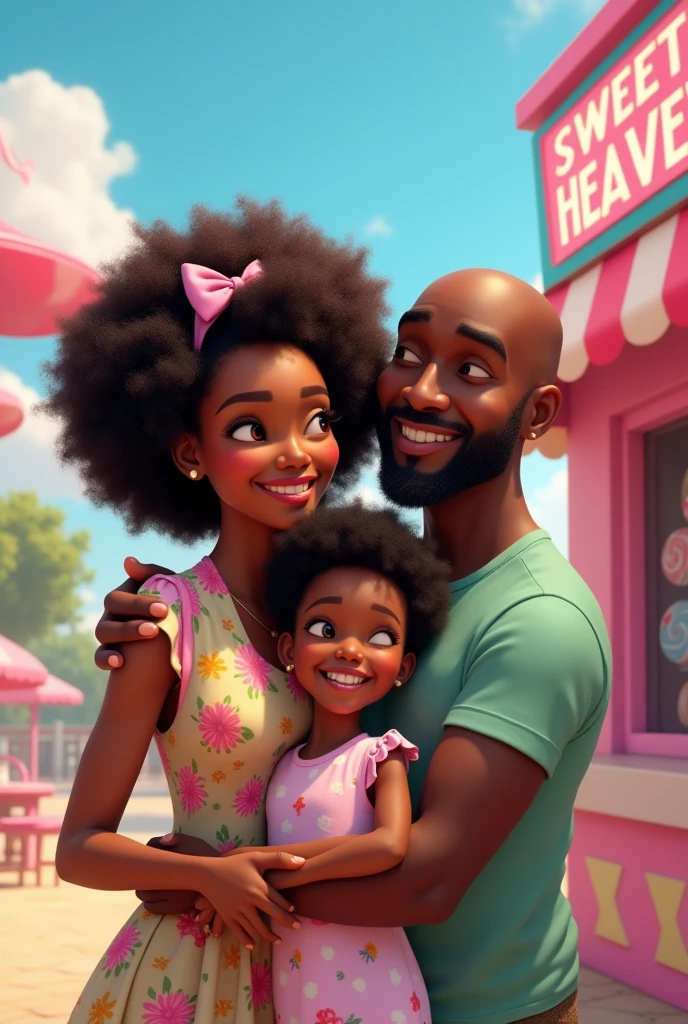 4 people,44 year old woman, black, cabelo blackw afro, height 1,52,Grinning, with a flower in her hair.flower dress.
8 year old child, black, cabelo blackw afro, olhos castanho escuro Grinning. Unicorn dress for 45 year old man, blackw, bald in front, with beard, social t-shirt, happy 22 year old woman, cor de pele black, yellow hair color,Medium smooth,fine nose, Grinning. All hugging In the background the candy store says sweet heaven in Portuguese , sky realism, disney pixar. Store configuration
