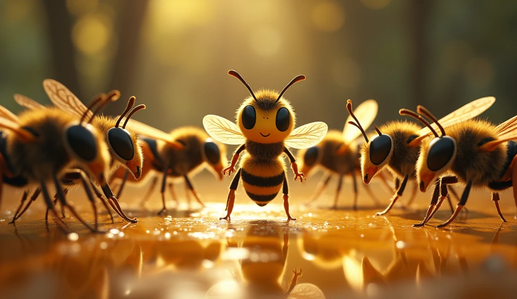 As the wasps continued their feast, oblivious to their surroundings, Benny the brave little bee and his team of loyal friends carefully surrounded them. The bees moved with quiet precision, their wings barely making a sound as they positioned themselves in a circle around the wasps. Benny, leading the charge, signaled to his team to stay calm and wait for the right moment to act. The tension in the air was palpable as they prepared to reclaim their stolen honey. The scene was a blend of determination and stealth, with the bees ready to outsmart the wasps and protect their hive.