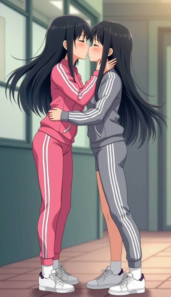 Two girls long black hairs, yuri
The first girl wear a pink adidas pants, white socks, white adidas sneakers.
The second girl wear a grey adidas pants, white socks, white adidas sneakers.
Japanese kiss, lesbian kiss, hugging, sensual body, closed eyes, novel cartoon, 4K, HD