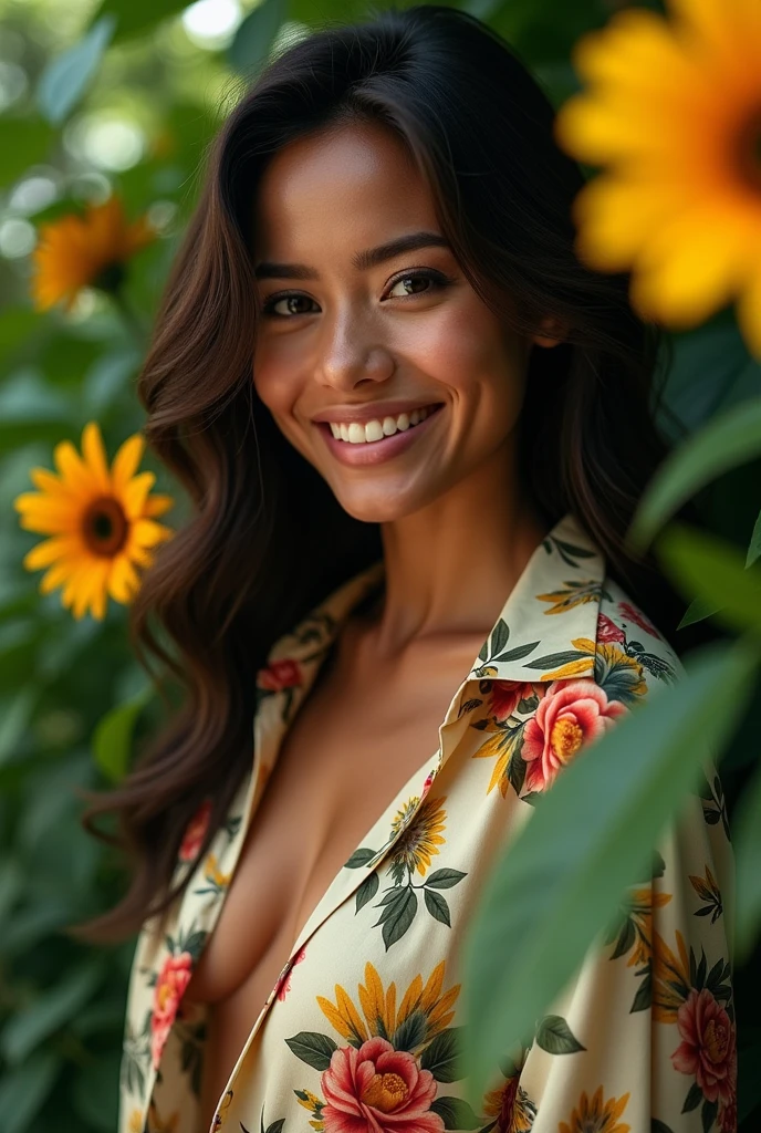 A Brazilian woman in a lush tropical garden, wearing an open shirt with a floral print, with a close-up capturing the harmonious beauty between her breasts and the natural flowers, showing off your natural charm and outgoing personality.