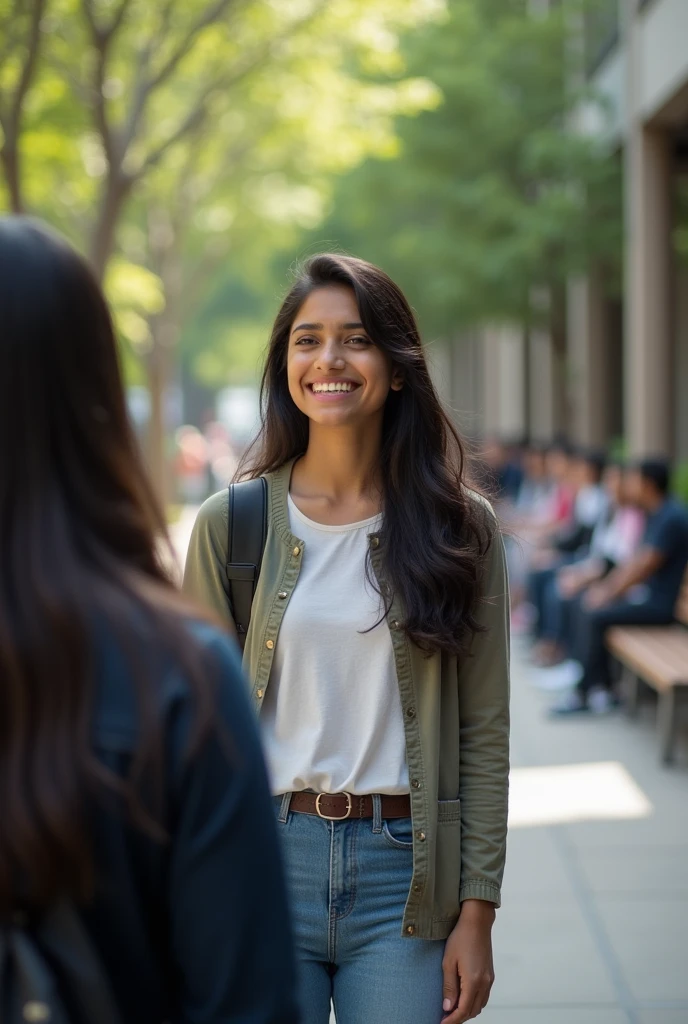 Creat me a college going Indian girl photo who is showing her teeth by attaching it and seeing someone with suspecious