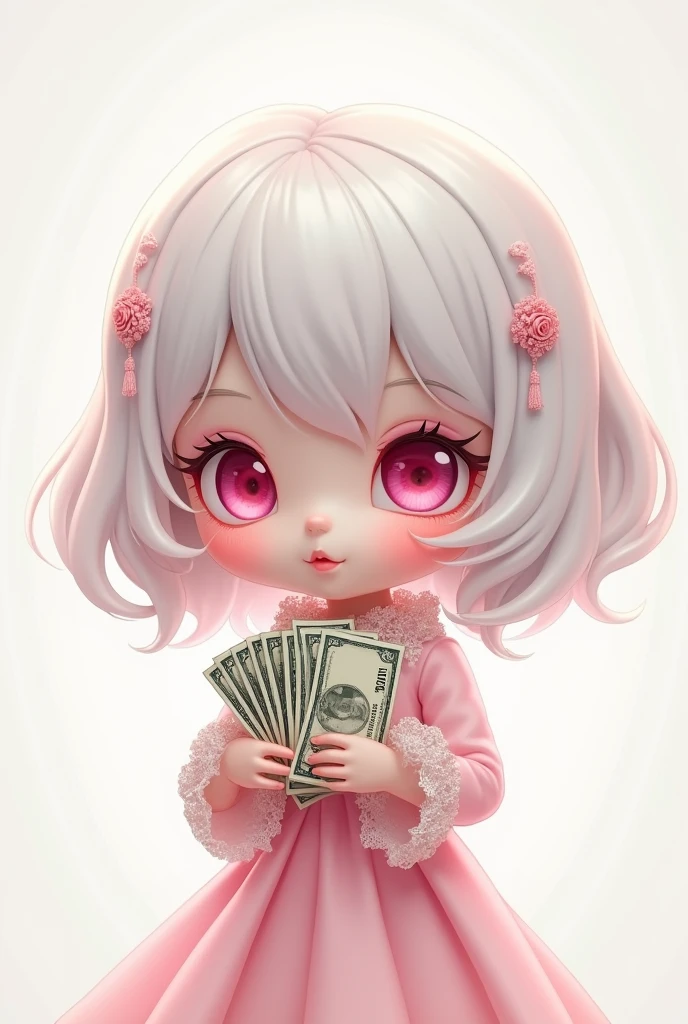 I want a profile logo like an anime doll with white hair and pink eyes holding money