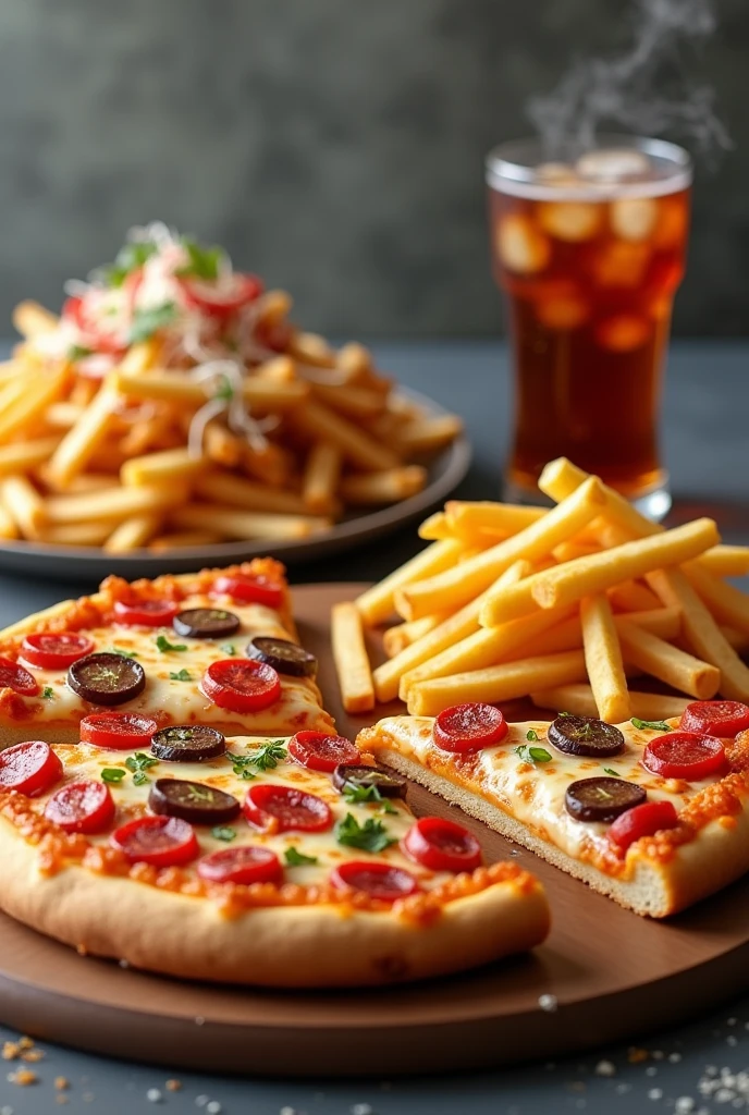 Pizza with fries and soda