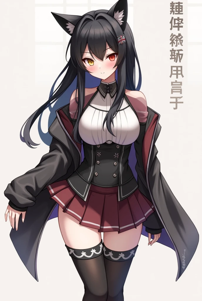 Micotte、ff141 people, chest, Long Hair, Black Hair, Red eyes, Golden Eyes, Odd Eye、Anatomically correct, mini skirt、Knee-high socks、Arrange Japanese clothes into Western clothes
