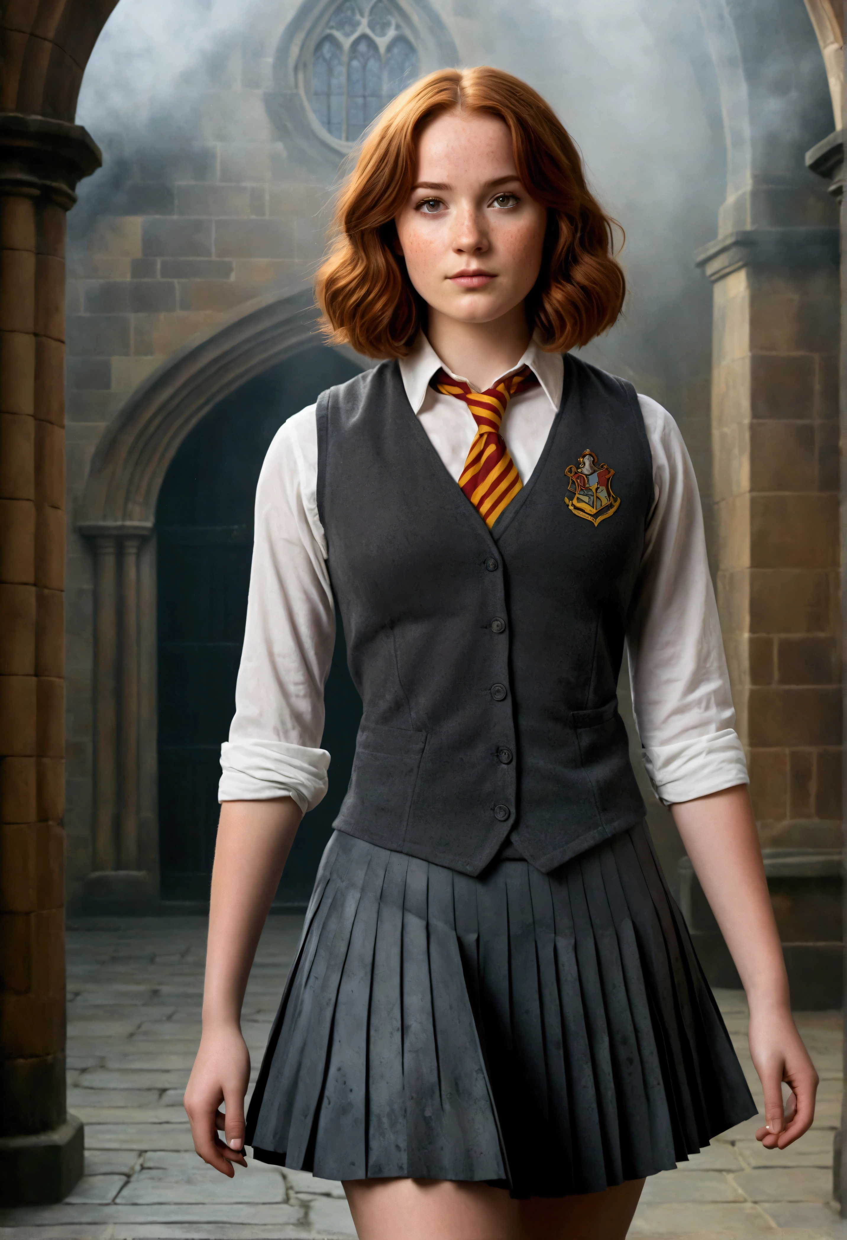 An illustrated movie poster, hand-drawn, full color, a female Hogwarts student, 1, wearing a charcoal vest and a pleated skirt, toned, amazonian stature, athletic hourglass figure, full wide hips, massive round butt, long shapely legs, ridiculously thick powerful thighs, hazel eyes, deep dark auburn hair, short curly bob cut, flushed sun-kissed complexion, freckles, resembles Genevieve O'Reilly, standing in a foggy Hogwarts courtyard, surrounded by mist, graphite shading, stencil marks, airbrushed acrylic paint, masterpiece, in the Deathly Hallows
