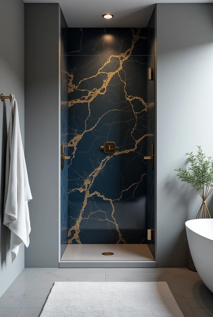 Create an image of a bathroom with a gray floor and walls and inside the shower the walls have a dark blue and gold marble effect.