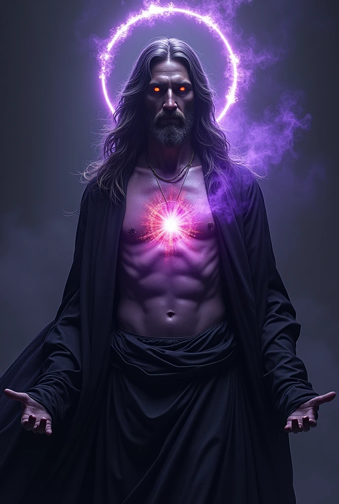 jesus in black ritual clothing, energy field around the shiny silver body, violet body aura, red and silver blue chest aura, fiery aspect in the eyes, darkness background, Morning Star